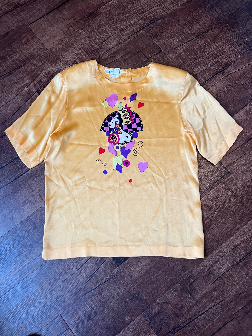 Escada Laurel 100% Silk Gold Yellow Colorful Geometric Artsy Print Short Sleeve